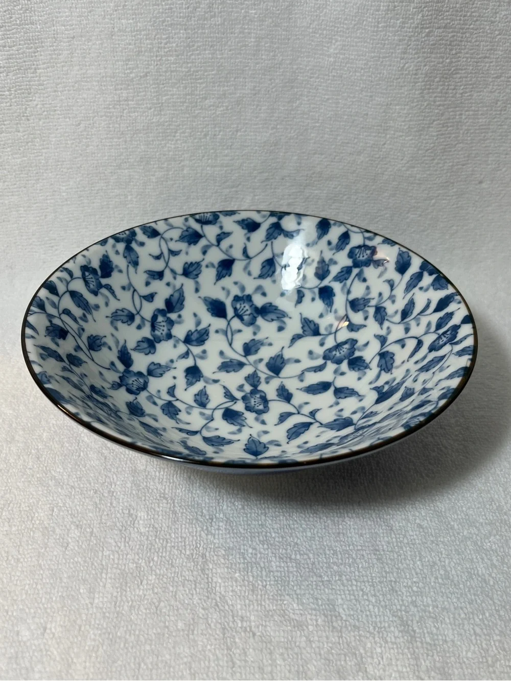 Japanese Cobalt Blue Exterior Blue White Floral Vine Karakusa Serving Bowl 7.5”